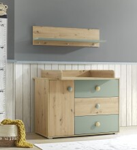 Wandboard >Birta< 3 Haken, Ablage, Artisan Eiche Dekor / Salbei - 120x30x25,5cm (BxHxT)