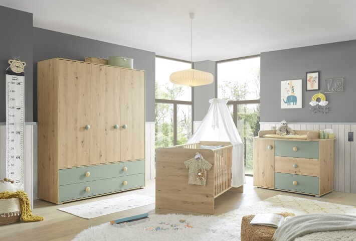 Babyzimmer-Komplettset >Birta< (3-teilig) Artisan Eiche / Salbei, Schrank, Wickelkommode, Babybett