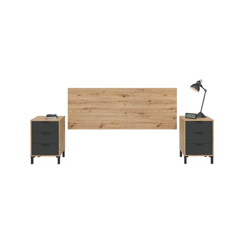 Kopfteil >ENZO< (3-teilig) Kopfteil + 2x Nachtkonsole, Nodi Eiche Dekor / Anthrazitgrau - 240x60x33 (BxHxT)