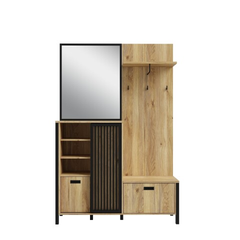 Kompaktgarderobe >JYTANA< mit Spiegel, Mauvella Eiche Dekor / schwarz - 132x200,3x40,2cm (BxHxT)