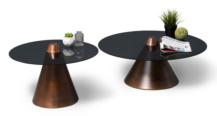 Satztisch >Lou< (2er-Set) in Metall kupferfarben / Sicherheitsglas - 29x80cm (HxD)
