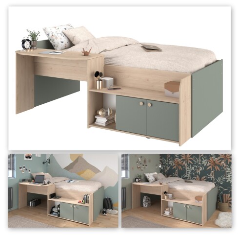 Hochbett >Jade< Liegefläche 90x200cm, Grün - Eiche Dekor - 203x136x79cm (LxBxH)