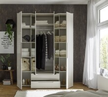 Drehtürenschrank >Jenna< 9 Böden, 1 Stange, 2 Schübe, Champagner / Spiegel - 160x208x57 (BxHxT)
