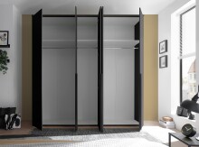 Drehtürenschrank >Kevo<  3 Stangen, 3 Böden, 5 Türen, Graphit / Spiegel - 225x225x52cm (BxHxT)