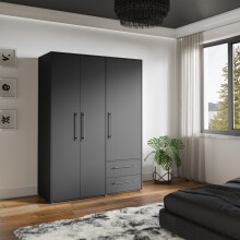 Drehtürenschrank >MOKKARIS< 3 Türen, 2 Schübe, in Schwarz - 144,4x200,1x58,8cm (BxHxT)