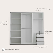 Schwebetürenschrank >Carano< Weiß / Spiegel, VOLLAUSSTATTUNG mit Spiegeltür, Schubladen und Einlegeböden - 215x204x63cm (BxHxT)