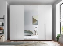Drehtürenschrank >Kevo< 3 Böden, 3 Stangen, Weiß / Spiegel - 270x225x52cm (BxHxT)
