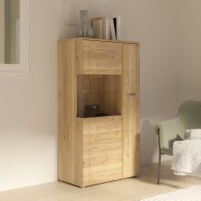 Stauraumvitrine >AKINORI< 2 Türen, in Mauvella Eiche Dekor - 75,1x140x41,8cm (BxHxT)