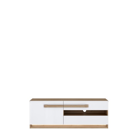 Lowboard >ATTENTION< LED, 1 Tür, 2 Schübe, Eiche Dekor / Weiß Gloss - 139,9x50x41,5cm BxHxT