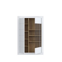 Stauraumvitrine >LEFKADAS< 2 Türen, 7 Böden, Weiss/ Mauvella Eiche Dekor - 101x151,2x41,4cm BxHxT
