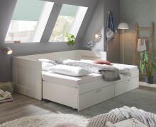 Funktionsbett >Lepini< Liegefläche 90/180x200cm, Schübe, Weiß Dekor - 204x67x97cm (BxHxT)