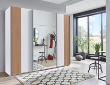 Schwebetürenschrank >Malaga< Spiegel, Weiß / Akustiklamelle Artisan Eiche - 225x208x64cm (BxHxT)