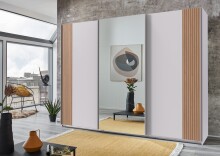 Schwebetürenschrank >Malaga< Spiegel, Weiß / Akustiklamelle Artisan Eiche - 270x208x64cm (BxHxT)