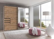 Schwebetürenschrank >Saigon< 3 Schübe, Spiegel / Plankeneiche Nachbildung - 225x208x64cm (BxHxT)