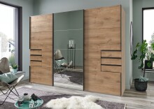Schwebetürenschrank >Saigon< 6 Schübe, Spiegel / Plankeneiche Nachbildung - 270x208x64cm (BxHxT)