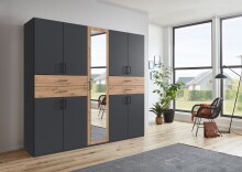 Drehtürenschrank >Taiga< 9 Türen, 4 Schübe, Graphit / Artisan Eiche Dekor - 225x208x58cm BxHxT