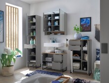 Waschbeckenunterschrank >Denver< 1 Tür, 2 Schübe, grau matt / evoke eiche - 80x60x35cm (BxHxT)