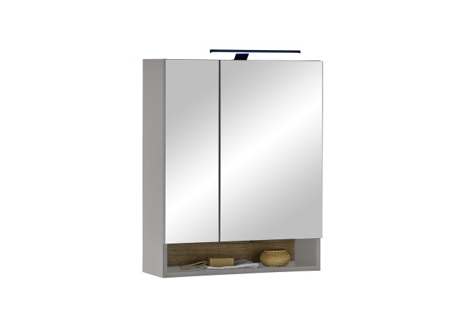 Badezimmerspiegelschrank >Denver< LED, Steckdose, grau matt / evoke eiche Dekor - 60x75x22 (BxHxT)
