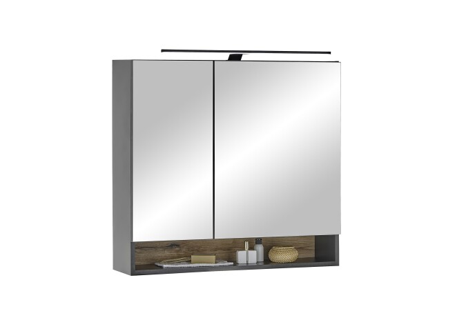 Badezimmerspiegelschrank >Denver<  LED, Steckdose, schwarz matt / evoke eiche Dekor - 80x75x22cm (BxHxT)