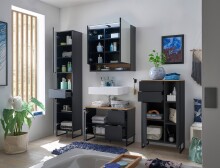 Badezimmerspiegelschrank >Denver<  LED, Steckdose, schwarz matt / evoke eiche Dekor - 80x75x22cm (BxHxT)