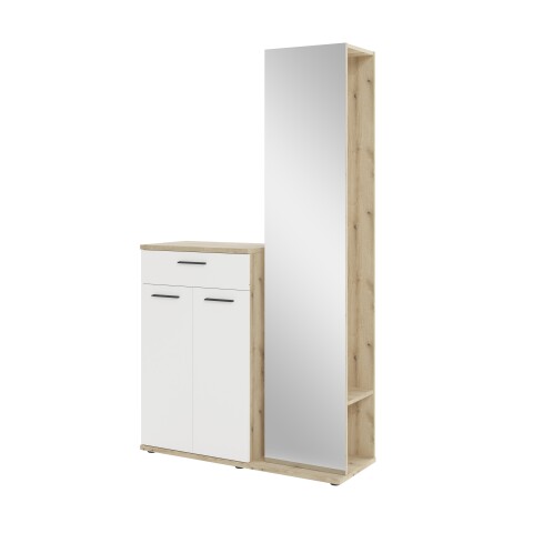 Kompaktgarderobe >Malaga< 2 Türen, 1 Schub, Spiegel, Eiche Dekor / Weiß - 105x188x38cm (BxHxT)