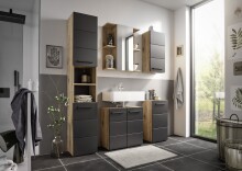 Badkommode >Vista< 1 Tür, 1 Boden, schwarz matt / viking oak Dekor - 34x72x31cm (BxHxT)