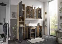 Hängeschrank >Vista< 1 Tür, 1 Boden, schwarz matt / viking oak Dekor - 34x70x23cm (BxHxT)