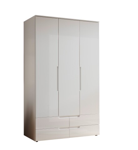 Kleiderschrank >Spice< 3 Türen, 4 Schübe, in Weiß / Weiß Hochglanz - 126x208x57 (BxHxT)