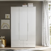 Kleiderschrank >Spice< 3 Türen, 4 Schübe, in Weiß / Weiß Hochglanz - 126x208x57 (BxHxT)