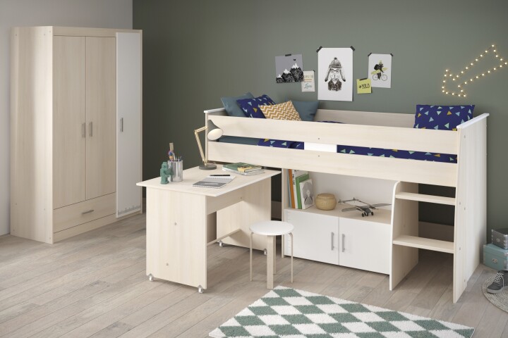 Jugendzimmer-Set >Charly 6< Funktion-Hochbett und Kleiderschrnak in Akazie Dekor / Weiß