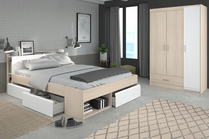 Jugendzimmer-Set >Most 72< Stauraumbett, Kleiderschrank, in Akazie Dekor / Weiß
