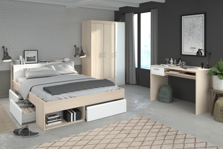 Jugendzimmer-Set >Most 73< (3-teilig) Bett, Kleiderschrank, Schreibtisch, Akazie Dekor / Weiß