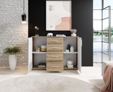 Sideboard >BC 1040< 2 Türen, 4 Schubladen, eiche rustica Dekor/ weiß - 120x83x35cm (BxHxT)