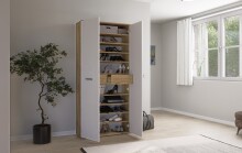 Schuhschrank >Leon< 2 Türen, 2 Schübe, 9 Böden, Eiche Dekor / Weiß - 90x195x38cm (BxHxT)