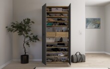 Schuhschrank >Leon< 2 Türen + Schübe, 9 Böden, Eiche Dekor / Anthrazit - 90x195x38cm BxHxT