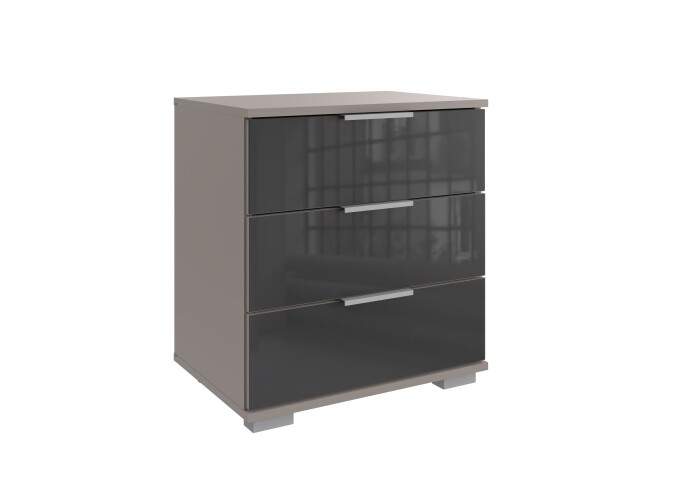 Nachtkommode >Easy Plus< 3 Schübe, SAHARAGRAU + GLAS GREY - 52x58x38cm (BxHxT)