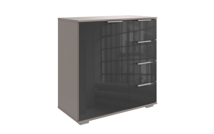 Kommode >Easy Plus< 1 Tür, 4 Schübe, SAHARAGRAU + GLAS GREY - 81x83x41cm (BxHxT)