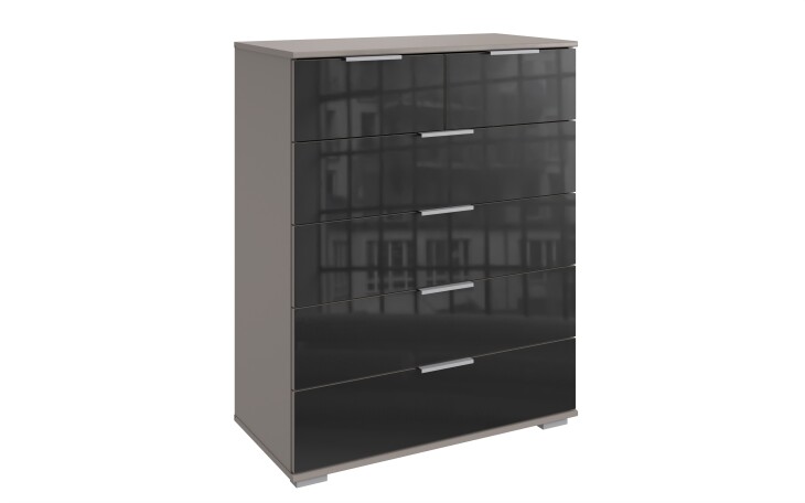 Hochkommode >Easy Plus< 6 Schubladen, SAHARAGRAU + GLAS SCHWARZ - 82x102x42cm (BxHxT)