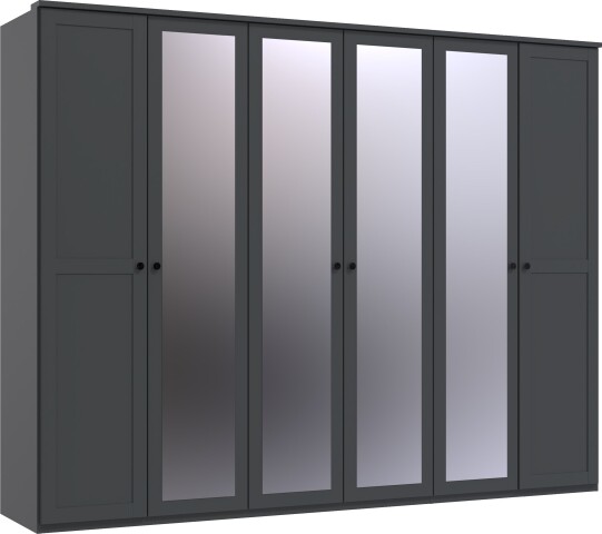 Drehtürenschrank >Chalet< 6 Türen, 3 Böden, 3 Stangen, Spiegel / Graphit - 270x210x58cm (BxHxT)