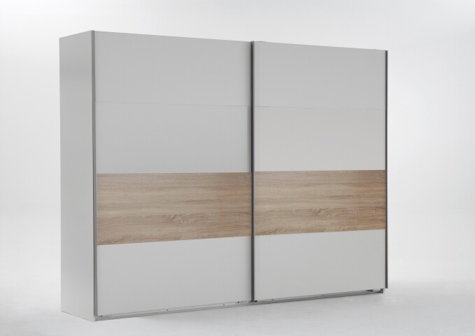 Schwebetürenschrank >Bert< 2 Böden, 2 Stangen, Weiß / Eiche Sägerau Dekor - 225x208x65cm (BxHxT)