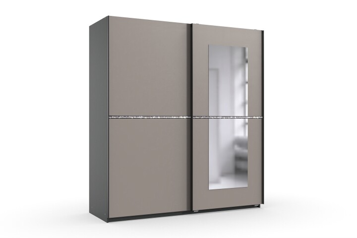 Schwebetürenschrank >Dundee< in GRAPHIT + SAHARAGRAU / STRASS / SPIEGEL - 180x198x64cm (BxHxT)