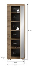 Garderobenschrank >Scout< 2 Türen, 5 Böden, Evoke Eiche Dekor / Spiegel - 62x197x37cm (BxHxT)