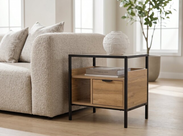 Beistelltisch >Mandurah 1< Schublade, Ablagen, Eiche Dekor, Metall + MDF - 48x55x35cm (BxHxT)