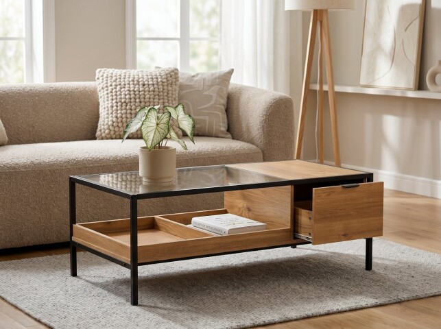Couchtisch >Mandurah 2< Schublade, Ablage, Eiche Dekor, Metall + MDF - 110x42x55cm (BxHxT)