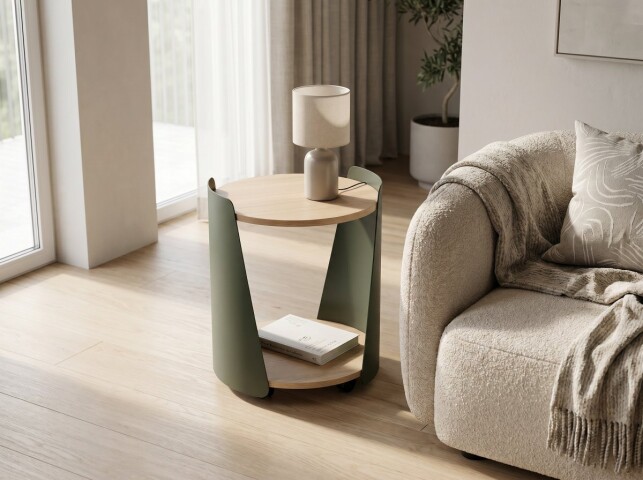 Beistelltisch >Sandro 2< mit Ablage, in Eiche Dekor, Metall grün + MDF - 48x40cm (HxD)