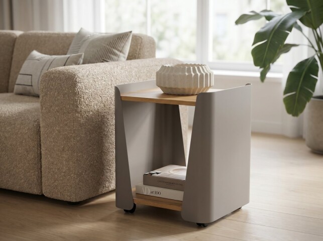 Beistelltisch >Sandro 3< Rollen, Ablage, Eiche Dekor, Metall braun + MDF - 40x48x40cm (BxHxT)