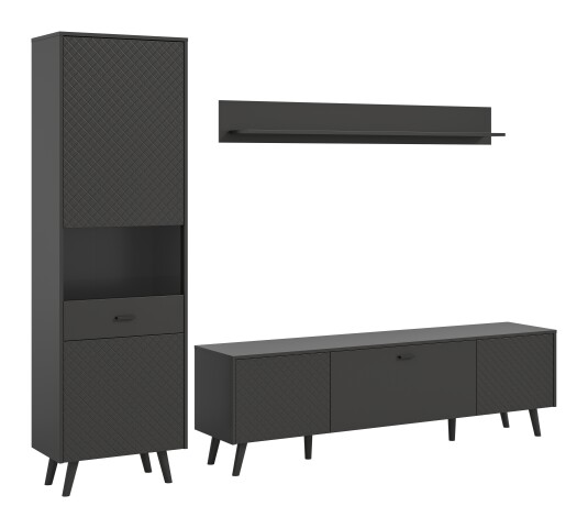 Wohnwand >Linea< (3-teilig) Vitrine, Lowboard, Wandboard, grau - 258x195x40cm (BxHxT)