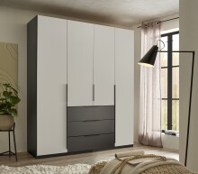 Drehtürenschrank >Nuka< 6 Böden, 2 Stangen, 3 Schübe, Graphit/Hellgrau - 200,5x225,5x60 (BxHxT