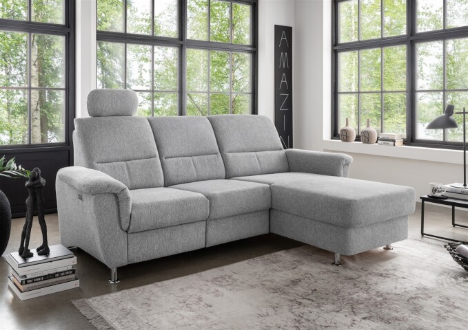 Ecksofa >Ludwigshafen< Motor-funktion, Kopfstütze, Stauraum, silber - 231x113x165 (BxHxT)