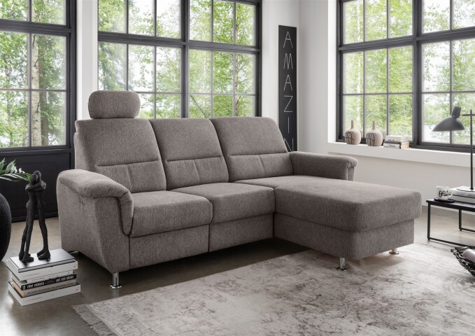 Ecksofa >Ludwigshafen< Motor-funktion, Kopfstütze, Stauraum, grau-braun - 231x113x165 (BxHxT)